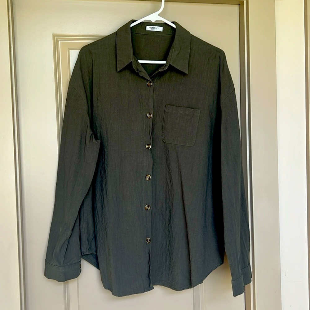 Women’s cotton button down, olive green, linen-type texture, women’s sz XL